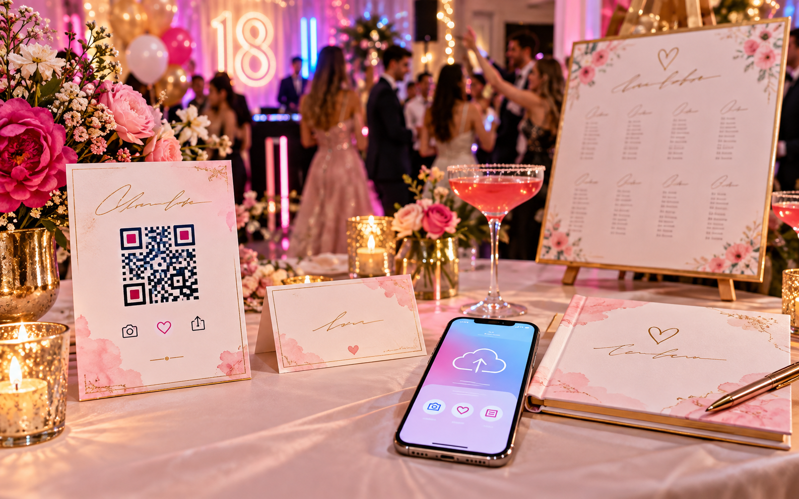QR da tavolo, tableau, smartphone e libro dediche coordinati in una sala festa luminosa